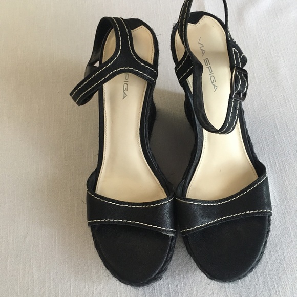Via Spiga Espadrille Wedge Leather Sandals Black - Picture 5 of 12